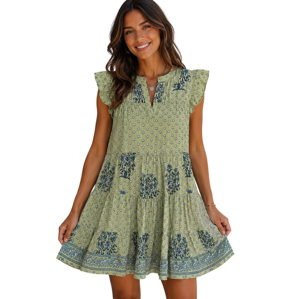 Roller Rabbit Yarrow Pippa Flutter Sleeve Linen Dress Womens Small Green Floral